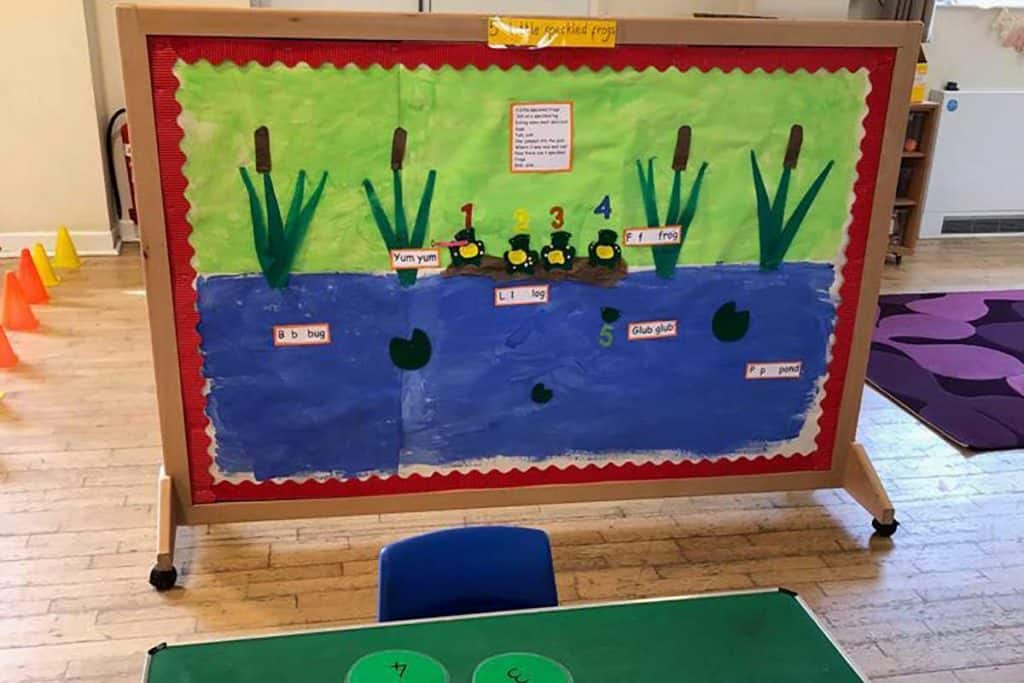 Water play educational board with floating objects and labels for preschool children.